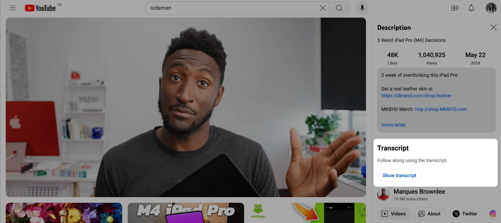 Overzicht van het transcript in YouTube